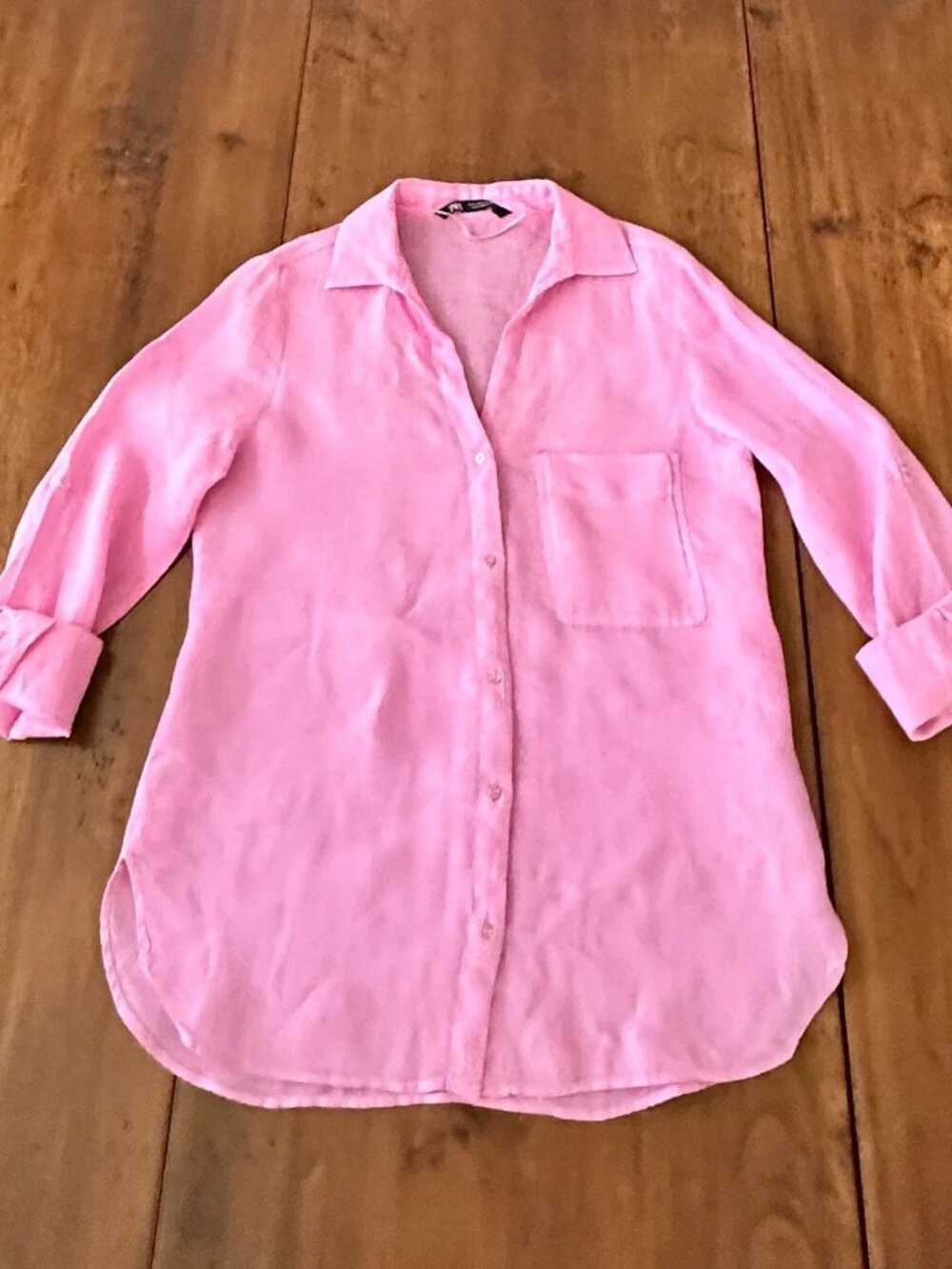 Zara Pink 100% Linen Button Down Shirt Womens Small Long Sleeve Coastal Casual